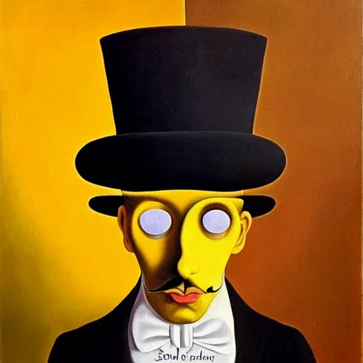 Image similar to a man wearing a top hat made of cheese, surrealism, by salvador dali and rene magritte, oil on canvas