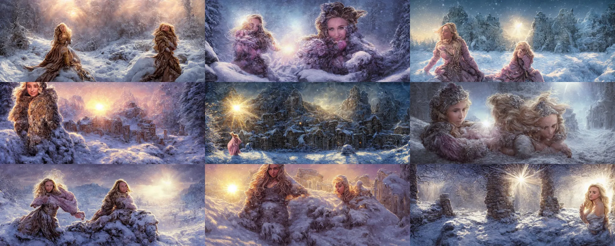 Prompt: epic face portrait of muscled Hayden Panettiere warmly clothed sleeping in deep snowy snow, winter princess, ancient ruins, prism sun rays through wind swept snow, pink golden hour, saturated, intricate, highly detailed, epic vista, very crispy, Ralph Horsley, Daniel F. Gerhartz, Artgerm, Boris Villajo, Lilia Alvarado