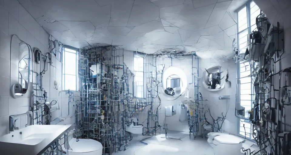 Prompt: IKEA catalogue photo of an epic cyberpunk bathroom, designed by Frank Gehry, Buckminster Fuller, Nikola Tesla, 8k, HD, realistic, cinematic