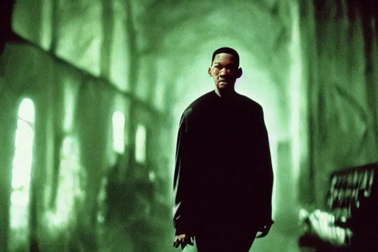 Image similar to will smith as a character from the matrix, cinematic, movie still, dramatic lighting, matrix code,!! by bill henson!!, green color theme, 1 6 : 9 ratio