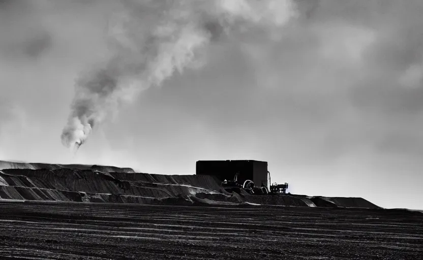 Prompt: gleaming black construction equipments designed by alexander mcqueen, a black and white strip mine is in the background, black smoke in the air, landscape, land art, beautiful award winning fashion photography