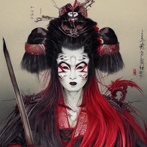 Image similar to an epic portrait of insane kabuki wielding a spear, magical aura of insanity, intricate hakama, poofy red wig, eerie, highly detailed, dark fantasy, art by artgerm and greg rutkowski