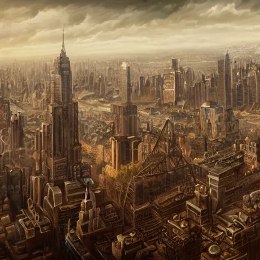 Prompt: a city from elden ring shares a border with 1 9 3 0's new york, matte painting, extremely detailed, elden ring, oil on canvas, trending on artstation