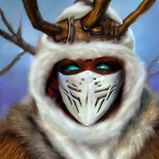 Image similar to fantasy snow bandit ‘ icewind dale ’ with mask, snow scene, ‘ icewind dale 2 ’ profile portrait by ‘ justin sweet ’, falling snow, soft focus, oil paint