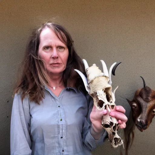 Prompt: the frightening visage of a woman with 3 goat skulls for a face