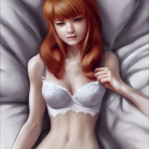 Prompt: gwen stacy wearing a lace bra!!!! laying in bed!!!, giggling, beautiful face!!!!, 2 7 years old, cg animation, lifelike, animated, realistic, by artgerm, greg rutkowski, 3 d