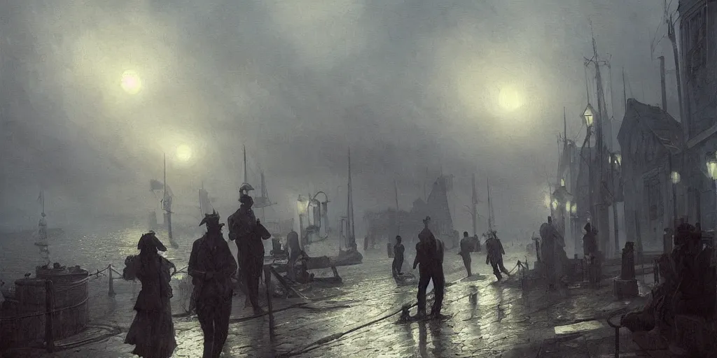 Prompt: streets of innsmouth during the night by the ocean, lovecraftian atmosphere, sailors standing up in front of the house, mutant fishmen walking in the port, mystical fog, oil on canvas, art by andreas achenbach, clemens ascher, tom bagshaw and sabbas apterus,