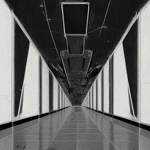 Image similar to a solemn simulacrum, standing inside an infinite corridor, trending on artstation, abstract black and white painting, masterpiece