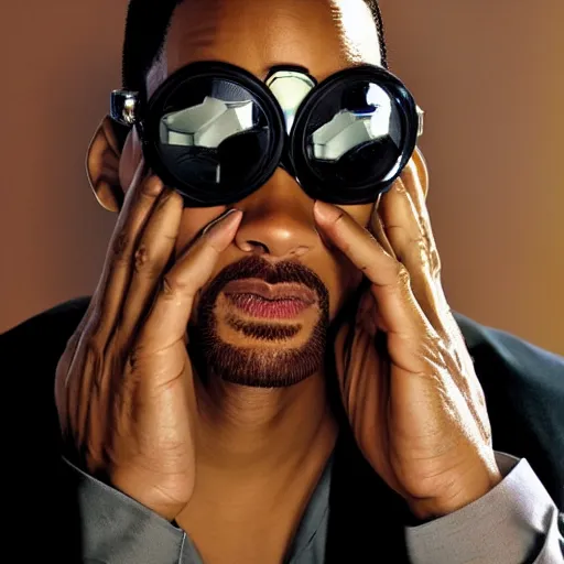 Image similar to will smith wearing big steampunk googles, photo by steve henderson