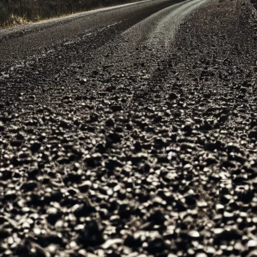 Prompt: black roses lined up on a gravel road, atmospheric light, 8 k photography