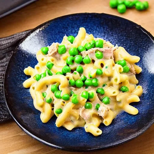 Prompt: tuna mac and cheese with peas