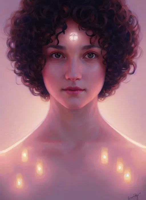 Prompt: symmetry!! portrait of a woman with short curly hair, round face, cottagecore!!, cyan glowing lights!! intricate, elegant, highly detailed, digital painting, artstation, concept art, smooth, sharp focus, illustration, art by artgerm and greg rutkowski and alphonse mucha