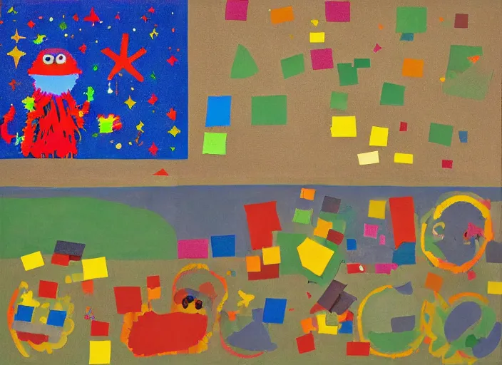 Image similar to pixel decollage painting trash can toter as tarot card fool with sesame street elmo and kermit muppet on a horse knight in a dark red cloudy night sky background and golden foil jewish stars , mountain lake and blossoming field in background, painted by Mark Rothko, Helen Frankenthaler, Danny Fox and Hilma af Klint, pixelated, neo expressionism, semi naive, pastel colors, cinematic, color field painting, cave painting, voxel, pop art look, outsider art, minimalistic. Bill Traylor painting, part by Philip Guston and Francis Bacon. art by Adrian Ghenie, very coherent symmetrical artwork, cinematic, hyper realism, high detail, octane render, unreal engine, Smooth gradients, depth of field, full body character drawing, extremely detailed, 8k, extreme detail, intricate detail, masterpiece