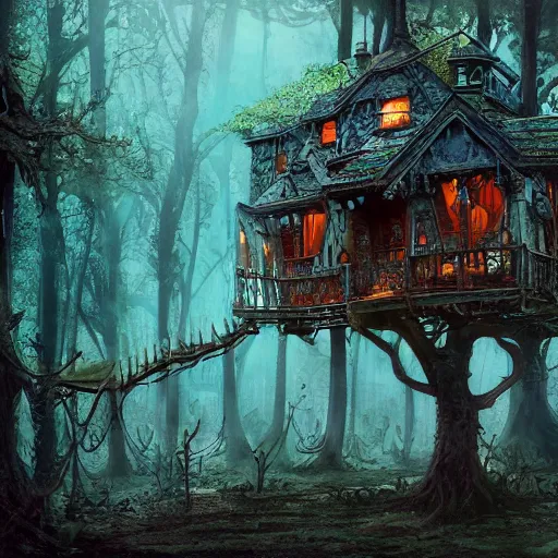 Prompt: dilapidated broken baba yagas steampunk treehouse, tucked within the witchwood forest, evil fairies, overgrown, detailed intricate ink illustration, dark atmosphere, detailed illustration, hd, 4k, digital art, overdetailed art, concept art, by greg rutkowski, by loish, complementing colors, Trending on artstation, deviantart