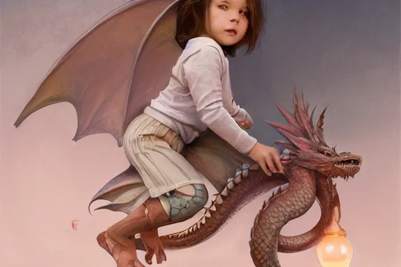 Prompt: little girl in pajamas riding a dragon, realistic portrait, highly detailed, digital painting, artstation, concept art, smooth, sharp focus, illustration, cinematic lighting, art by artgerm and greg rutkowski and alphonse mucha