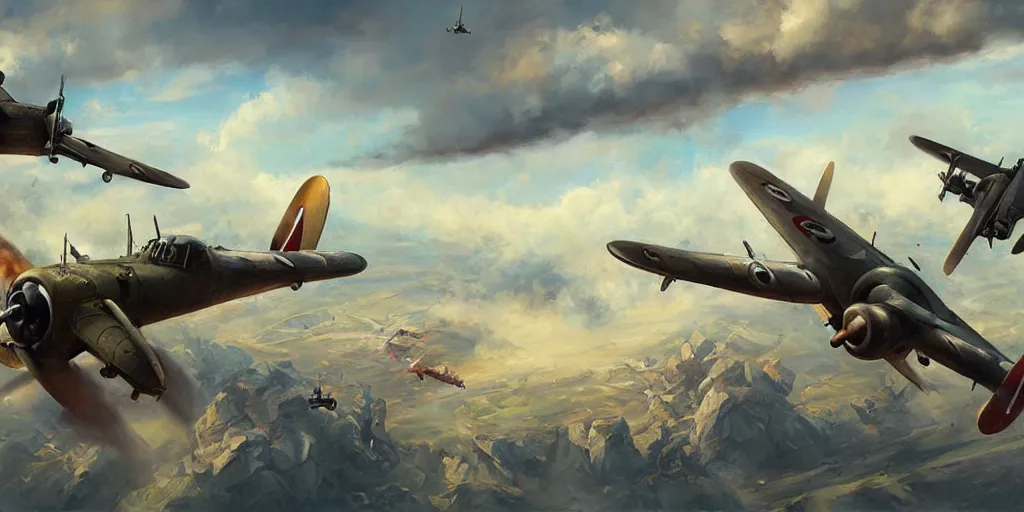 Image similar to airplane battle, ww2, world war 2, wide shot, by Jason Felix by Steve Argyle by Tyler Jacobson by Peter Mohrbacher, oil painting, matte painting, artistic, painting, art