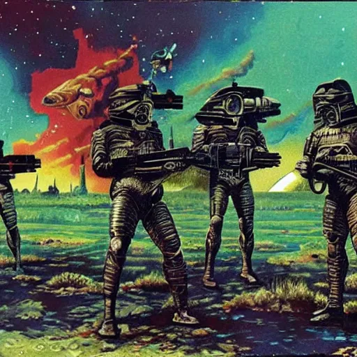 Image similar to armored squad in the acid swamps of venus, vintage, 1 9 5 0 s sci - fi art, by ed emschwiller