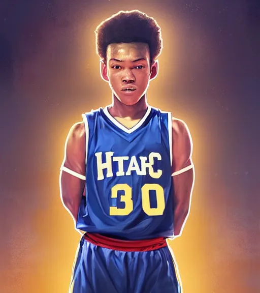 Image similar to portrait of a boy at a basketball court playing basketball wearing a basketball jersey in a basketball court standing near the basketball hoop, intense emotion, (detailed facial expression), detailed surroundings, intricate, elegant, highly detailed, centered, digital painting, artstation, concept art, smooth, sharp focus, illustration, by (Peter Mohrbacher), WLOP