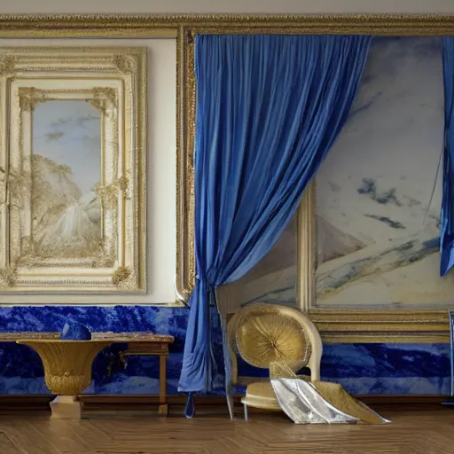 Prompt: gardens of marble draped in flowing sheets of cobalt blue satin, by ivan aivazovsky and pieter claesz and paul delaroche and alma tadema and august malmstrom and and willen claesz heda and aelbert cuyp and gerard ter borch, contrapposto, hyperrealistic, volumetric light, rendered in octane, c4d