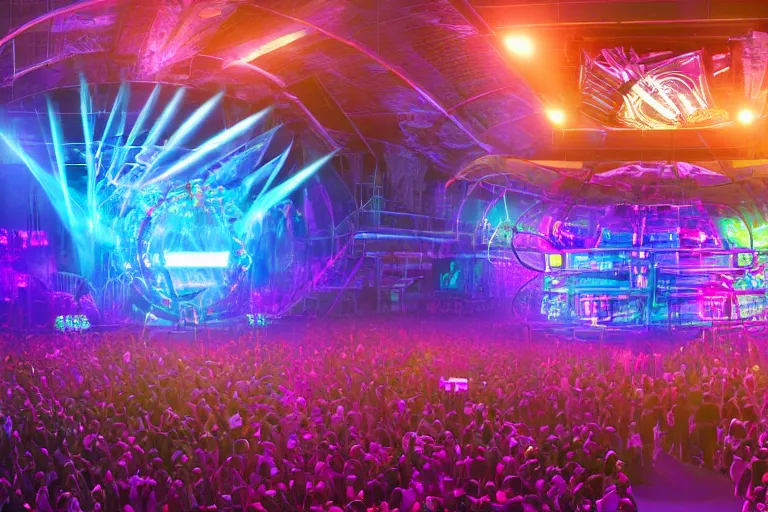 Image similar to an outdoor festival stage with audience, neon letters tripmachine, center of the stage is a big futuristic steampunk machine with gears and belts and tubes, surrounded by big loudspeakers, rock musicians on the stage, laser show, 8 k, fluorescent colors, halluzinogenic, multicolored, exaggerated detailed, unreal engine