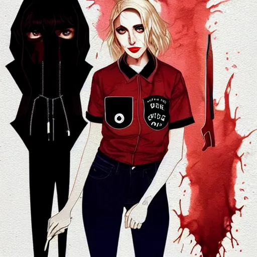 Image similar to loish, artgerm, Joshua Middleton art, pretty Alison Brie serial killer holding bloody knife in right hand, blood on clothes and face, sarcastic smile, symmetrical eyes, symmetrical face, jean jacket, jeans, short blonde hair, middle shot, night time, deep blacks