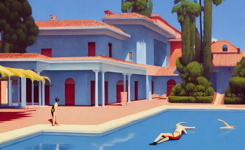 Prompt: A villa with a big pool, very coherent, painted by Edward Hopper, Wayne Barlowe, painted by James Gilleard, airbrush, art by JamesJean