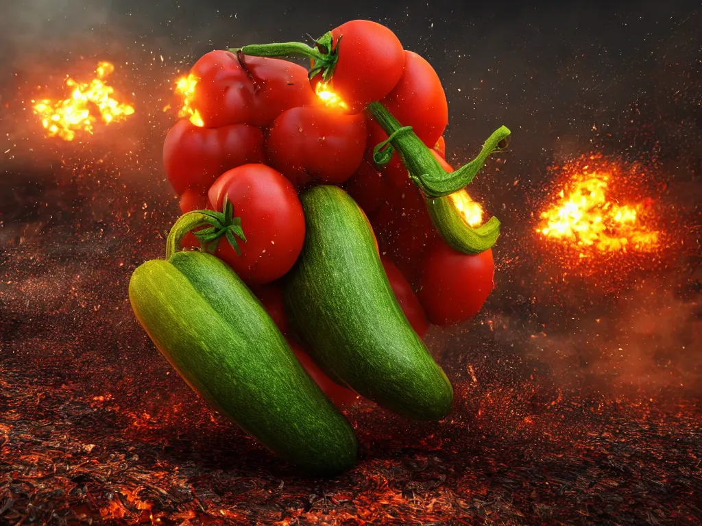 Prompt: highly detailed 3 d render of a raging zucchini character, burning scissors, running down a dirt road, scared tomates scattered everywhere, high speed action, explosions, dramatic scene, hyper realistic octane render, cinematic lighting, tomato splatter, deviantart, black sky, lowbrow, surrealism, frame from pixar movie