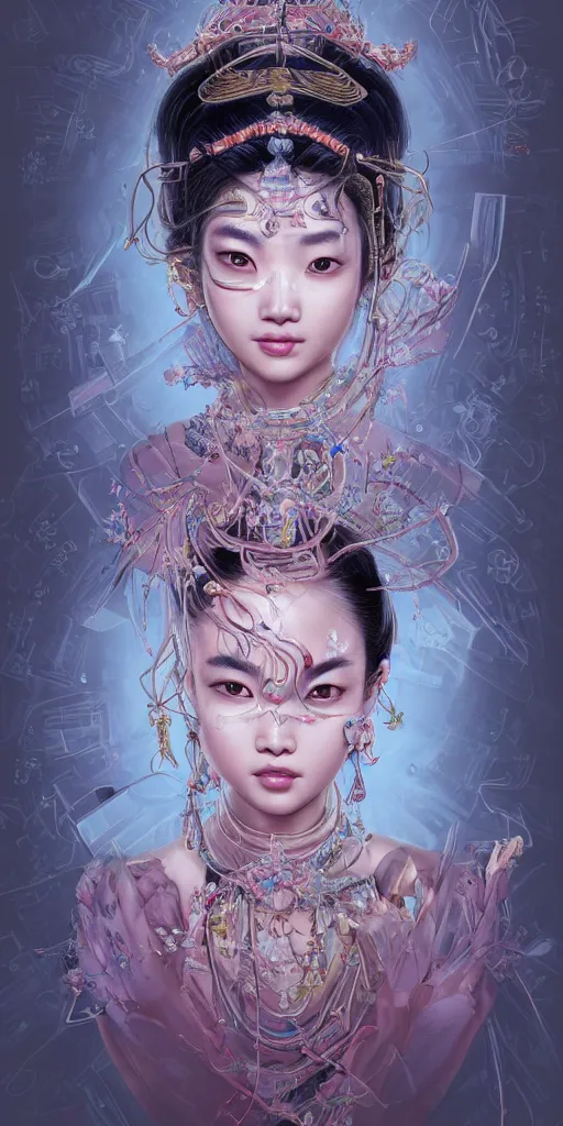 Image similar to the portrait of an absurdly beautiful, graceful, elegant, sophisticated, fashionable young asian girl with third eye in the middle of her forehead, an ultrafine hyperdetailed illustration by kim jung gi, irakli nadar, intricate linework, bright colors, final fantasy, unreal engine 5 highly rendered, global illumination, radiant light, detailed and intricate environment tubes and cables