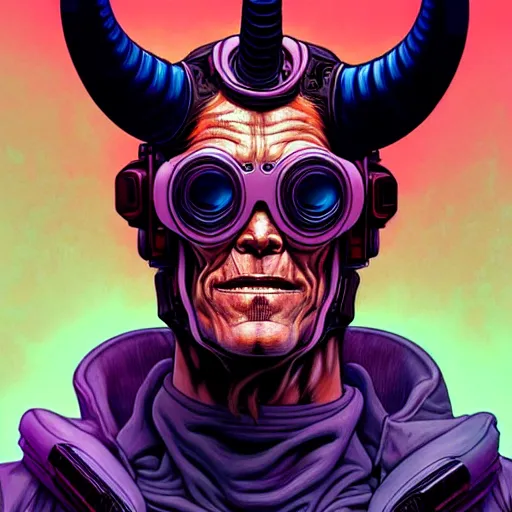 Image similar to portrait painting of a cyberpunk muscular willem dafoe with big horns, sharp focus, award - winning, trending on artstation, masterpiece, highly detailed, intricate. art by josan gonzales and moebius and deathburger