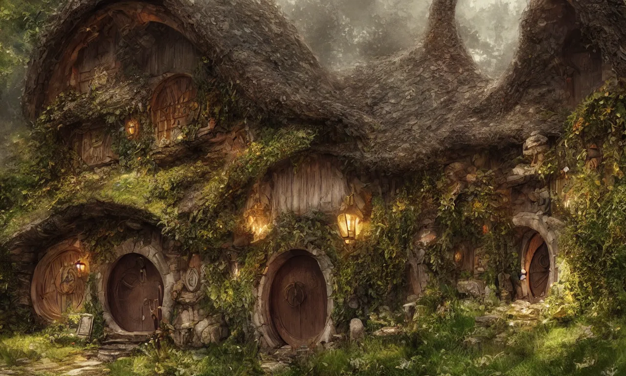 Image similar to The house of the Hobbit Bilbo Baggins, highly detailed, digital painting, artstation, concept art, smooth, sharp focus ilustration, Artstation HQ