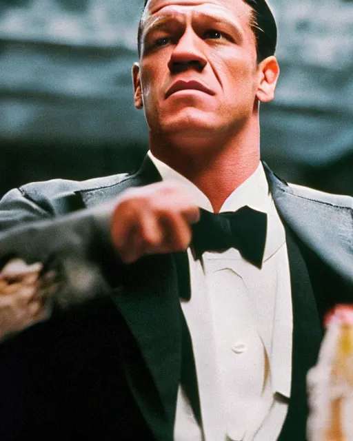 Image similar to film still close up shot of john cena as vito corleone from the movie the godfather. photographic, photography