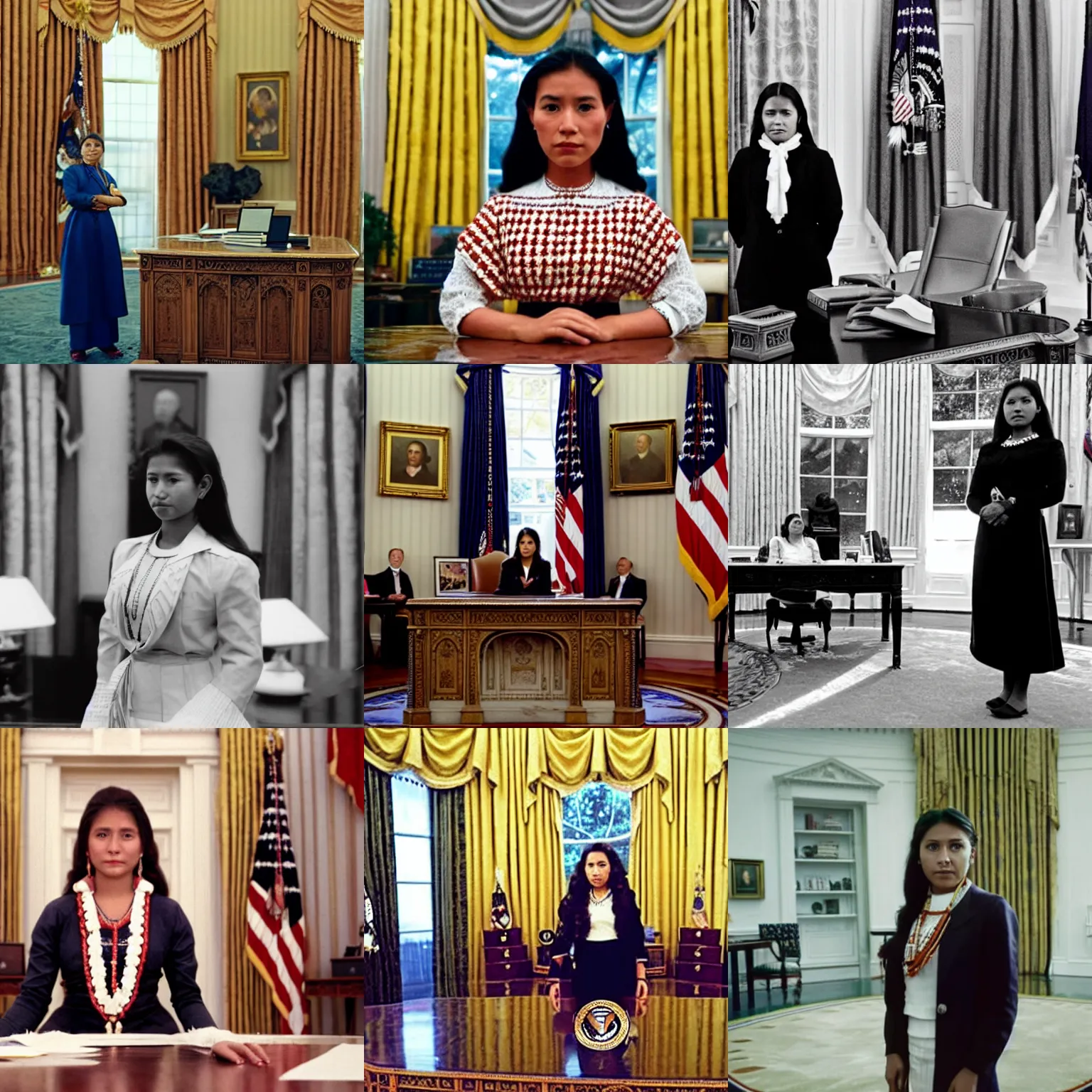Prompt: Film still, long shot of a young Mayan woman as president of the United States, standing in the Oval Office, promotional image