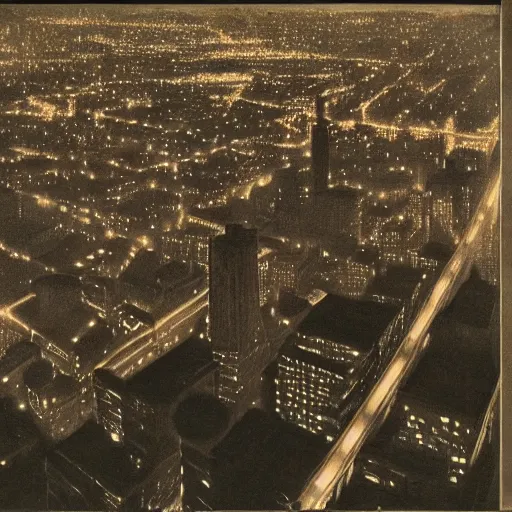 Image similar to muted color photorealistc painting of a nightmarish boston downtown in 1 9 2 5 skyline at night, aerial view, dark, brooding, night, atmospheric, horror, cosmic, ultra - realistic, smooth, highly detailed