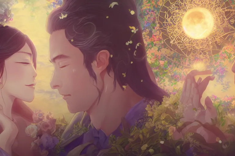 Image similar to a dreamlike portrait of wedding close up moment of a divine a japan sun god and moon goddess lovers magician at a wedding banquet. highly detailed, digital painting, fantasy wedding screen, 8 k realistic, hyper detailed, by makoto shinkai and akihiko yoshida and hidari and wlop