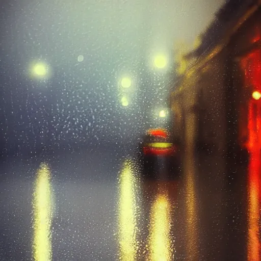 Image similar to zoomed in iphone photo rainy night in the city, reflections, double exposure, dream, by aivazovsky