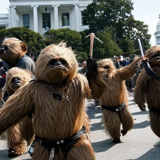 Image similar to a still of hundreds of ewoks rioting in front of a the white house in washington.!!!, flaming torches and pitchforks