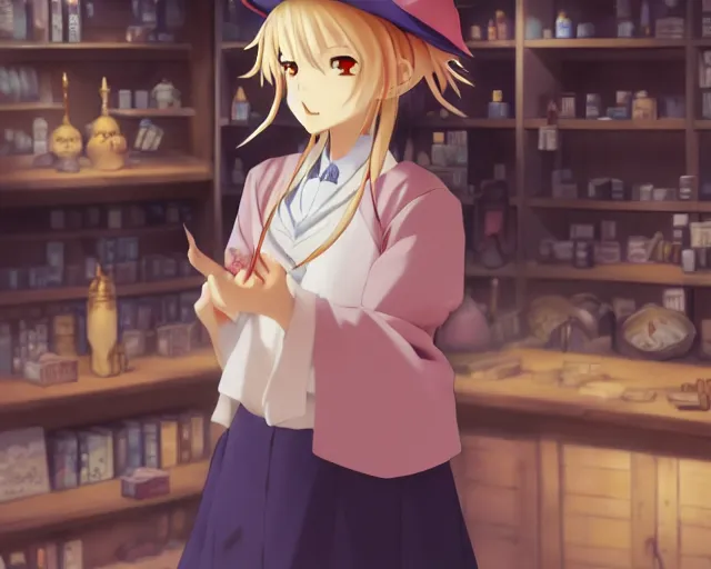 Image similar to anime visual, portrait of a young female wearing a wizard hat in a alchemist's shop interior, cute face by katsura masakazu and yoh yoshinari,, cinematic luts, genshin impact, dynamic pose, dynamic perspective, strong silhouette, anime cels, ilya kuvshinov, cel shaded, crisp and sharp, rounded eyes, moody