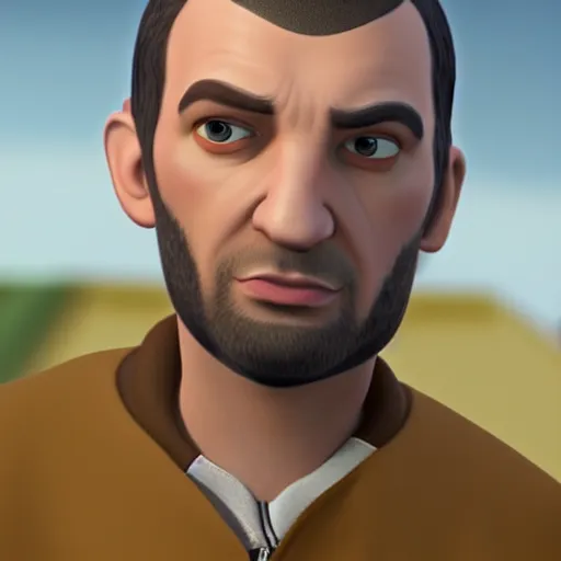 Image similar to niko bellic made by disney pixar, cgi