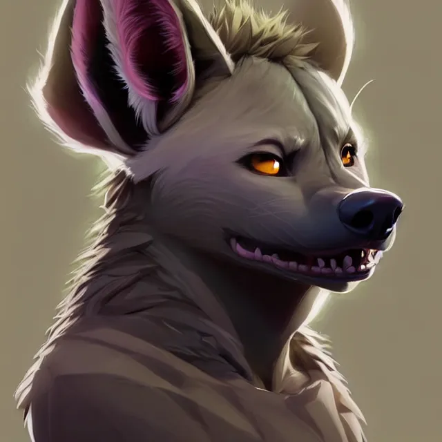 Image similar to character concept art of a male anthropomorphic furry hyena | | cute - fine - face, pretty face, key visual, realistic shaded perfect face, fine details by stanley artgerm lau, wlop, rossdraws, james jean, andrei riabovitchev, marc simonetti, and sakimichan, trending on artstation