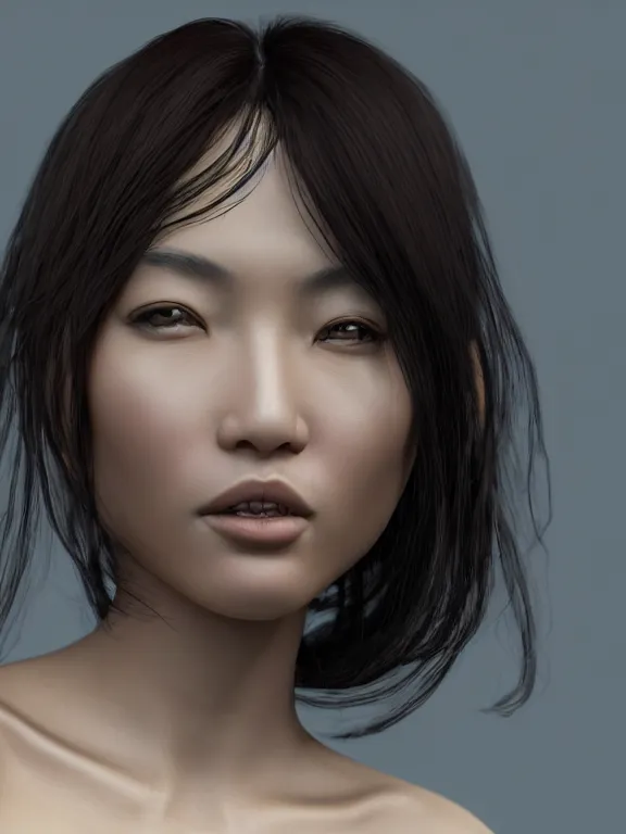 Prompt: 3d render Portrait of a woman, Chinese-French mixed race, one quarter French, three quarters Chinese minority, subtropical ethnicity, ivory skin, dark brown long hair, dark brown eyes, wearing fantasy costume,intricate, elegant, highly detailed, dim volumetric lighting, abstract, 8k,octane,post-processing,digital painting, trending on artstation, concept art, smooth, sharp focus, by greg rutkowski and alphonse mucha