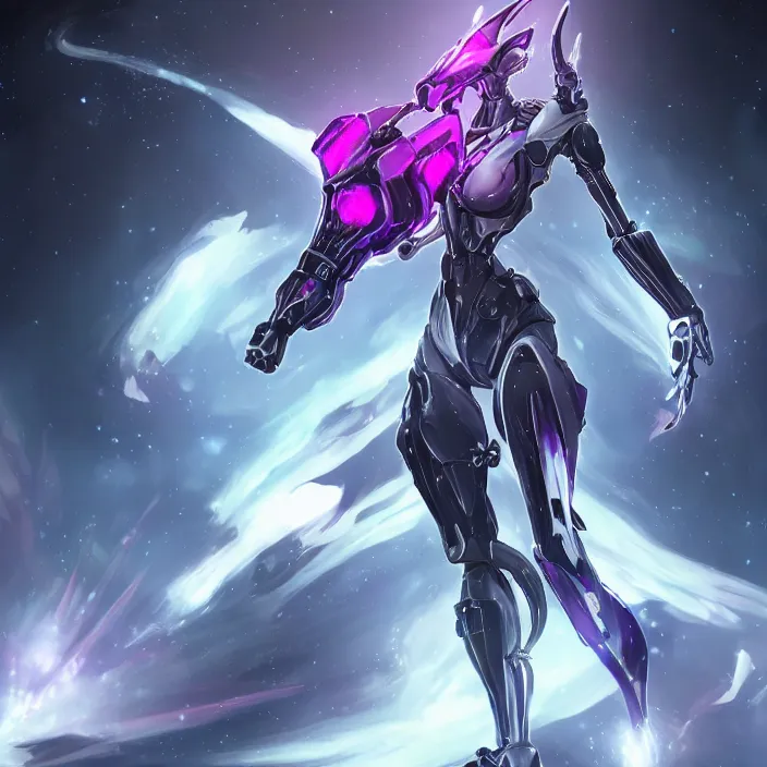 Image similar to cinematic shot, bust, cosmic sized perfectly proportioned stunning beautiful hot female warframe, anthropomorphic robot mecha female dragon, silver, fuschia leds, floating in empty space, nebula sized, holding a galaxy, epic proportions, epic size, epic scale, furry art, dragon art, giantess art, warframe fanart, furaffinity, deviantart
