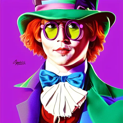 Image similar to portrait of young johnny depp as willy wonka, highly detailed, centered, solid color background, digital painting