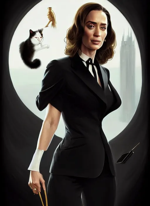 Prompt: portrait of emily blunt with cat eyes, as business woman, black suit, white shirt, black tie, intricate, headshot, highly detailed, digital painting, artstation, concept art, sharp focus, cinematic lighting, illustration, art by artgerm and greg rutkowski, alphonse mucha, cgsociety