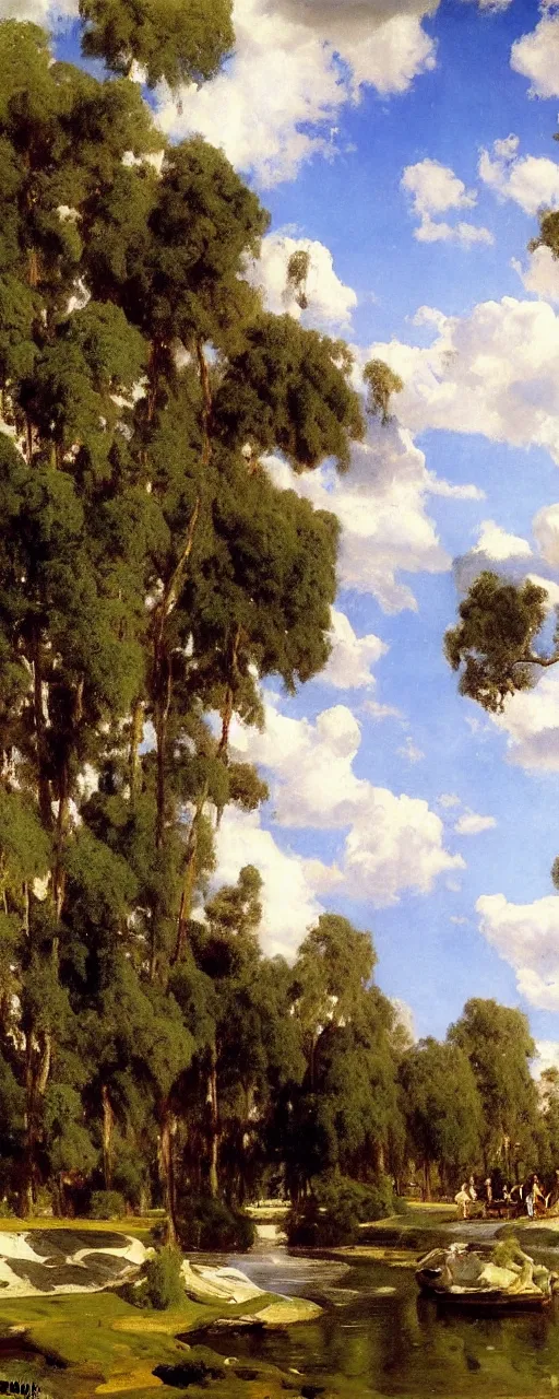 Prompt: disney backdrop of a blue sky with white couds by eugene von guerard, ivan shishkin, john singer sargent