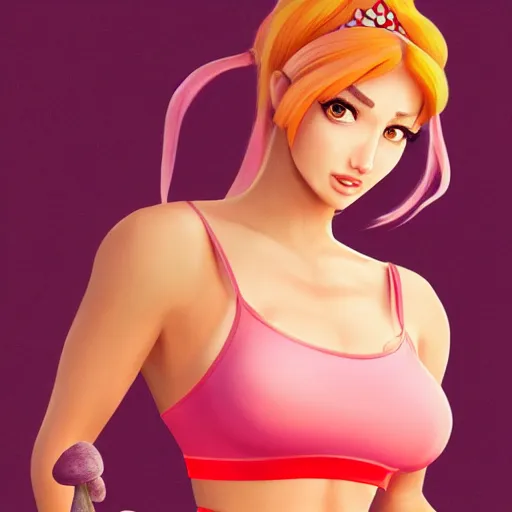 Prompt: live action extremely hot princess peach in tight sports bra with mushroom on it, and sweatpants. Digital Art, trending on artstation, 4k, cinematic