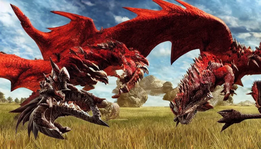 a fight between a Rathalos and Diablos, Monster, Stable Diffusion