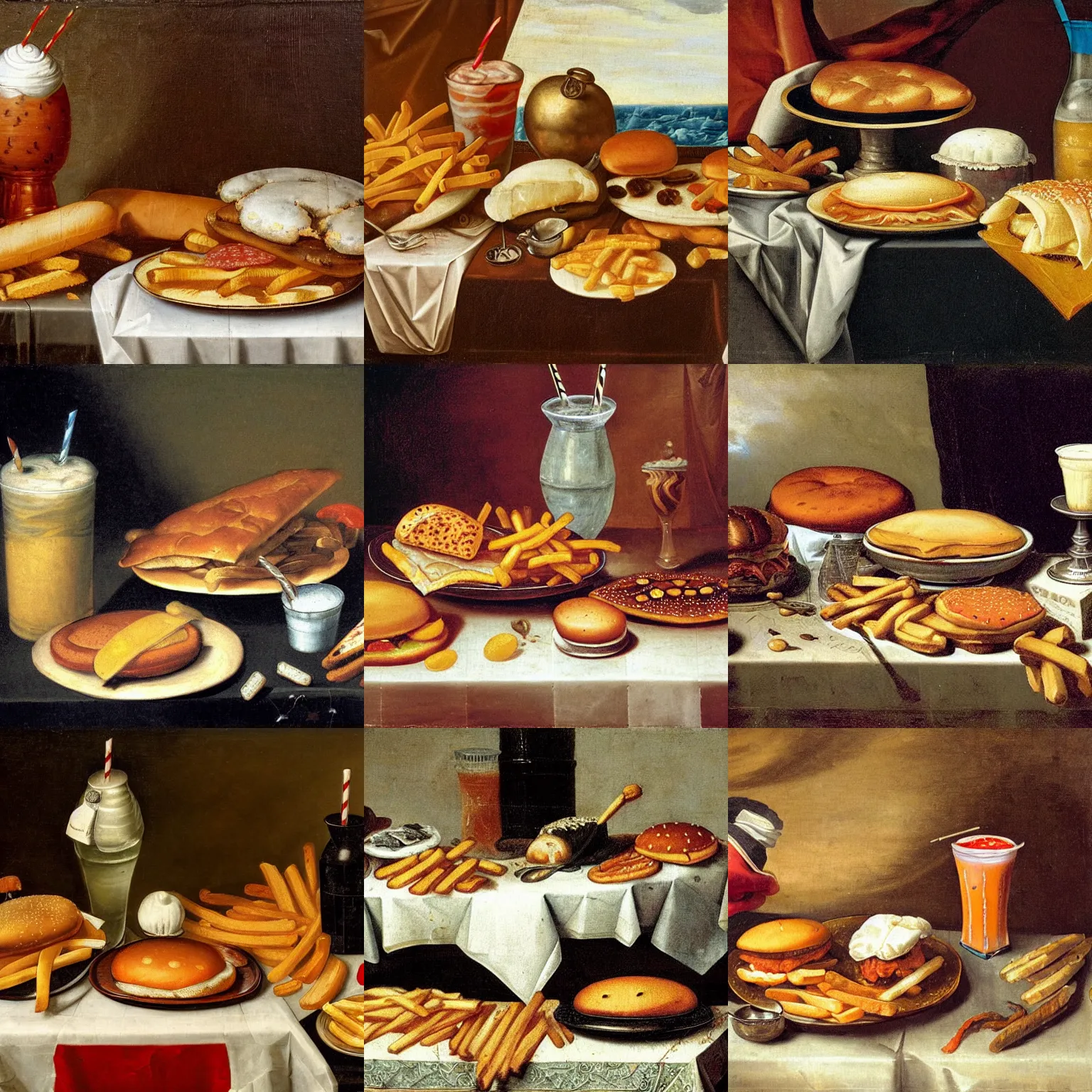 Prompt: Dutch Still Life of the 1600s, old oil painting: Table with tablecloth, multiple hamburger, french fries, pizza and a milkshake