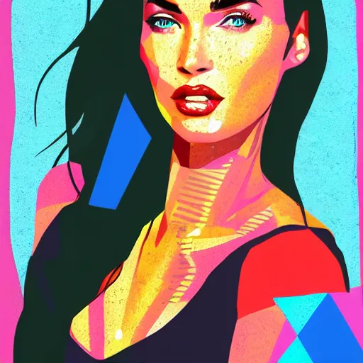 Prompt: megan fox colorful portrait by arunas kacinskas and mallory heyer, with colorful geometrical shapes and lines and small detailes, graphic design, flat color and line, sketch, minimalistic, procreate, digital illustration, vector illustration, doodle, pop, graphic, street art, editorial