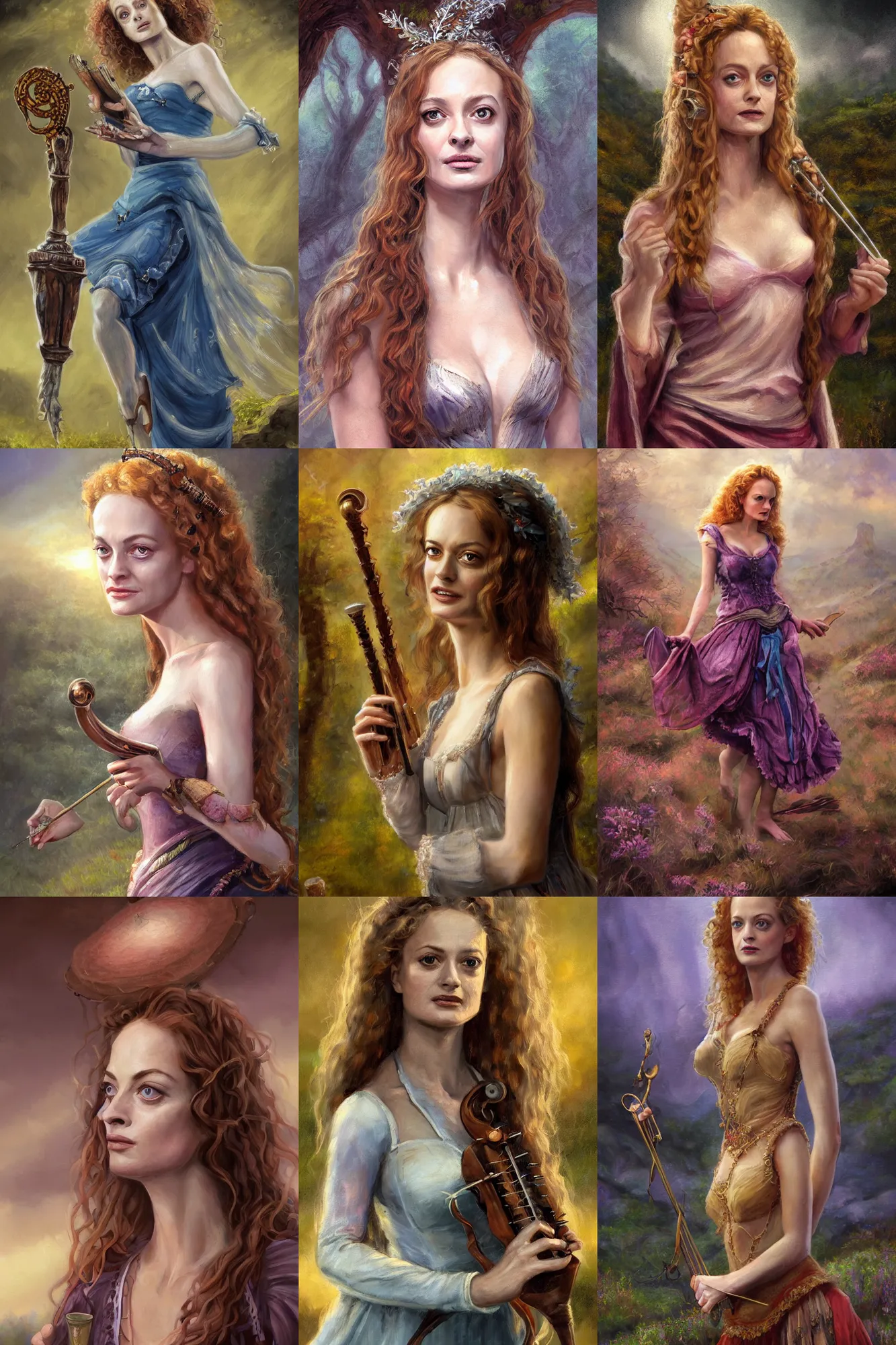 Image similar to a full body high detail fantasy portrait oil painting illustration of young heather graham as a beautiful sophisticated singing bard woman by justin sweet with face and body clearly visible, in a scenic background, pupils visible, realistic proportions, d & d, rpg, forgotten realms, artstation trending, high quality, sombre mood, artstation trending, muted colours, entire person visible!