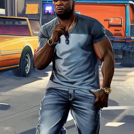 Prompt: 50 cent in a GTA 5 loading screen, concept art by Anthony McBain